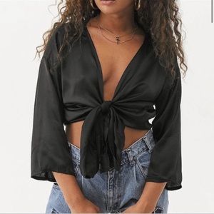 Urban Outfitters Nicole Satin Tie Front Top Black
